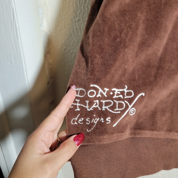 y2k Ed Hardy Tiger Rose Graphic Rhinestone Full Zip Velour Hoodie sz XL Brown - Picture 11 of 14